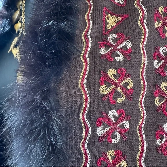 Bohemian Boho L Sweater Cardigan Shacket Merino Wool Rabbit Fut Brown Red Gold - Picture 13 of 16